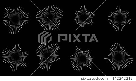 Sound waves in circular forms, linked with audio music, round voice icons, logos for equalizers, radial spectrums, rings. Flat vector illustrations isolated Sound waves in circular forms, linked with audio music, round voice icons, logos for equalizers, radial spectrums, rings. Flat vector illustrations isolated 142242215