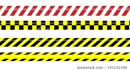 Set of yellow, black and red and white warning restriction or forbidden area tape, no entry, area under contruction, traffic accident, crime. Vector flat Set of yellow, black and red and white warning restriction or forbidden area tape, no entry, area under contruction, traffic accident, crime. Vector flat 142242306