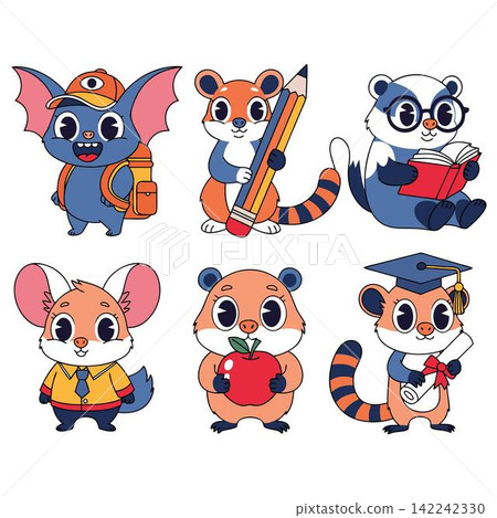 This image features cartoon forest animals dressed in school uniforms This image features cartoon forest animals dressed in school uniforms 142242330