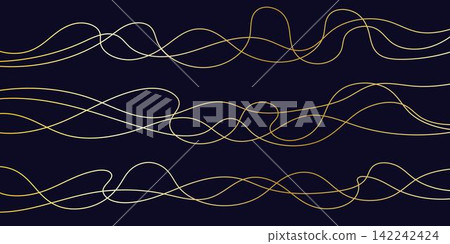 Thin golden squiggly lines. Wavy wiggle stripe decoration. Curvy thread or yarn lines for ornament, decor, separate, divider. Tangled squiggle linear doodle shapes. Vector 142242424