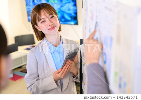 A female employee giving a presentation on a whiteboard and a scene from a meeting. A female employee giving a presentation on a whiteboard and a scene from a meeting. 142242571