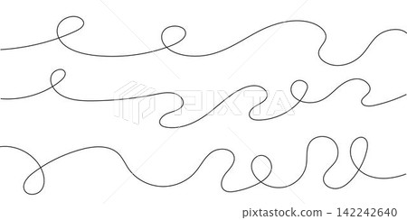Thin squiggle line set. Wavy wiggle stripe. Curvy hread or yarn lines for decor, separate, divider. Tangled squiggly linear doodle shapes. Vector 142242640