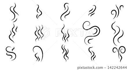 Smoke smell, steam aroma icon vector logo set Vector flat illustration. Hot vapor fire doodle line logo. Hit stink, coffee, fragrance flame elements. Smoke smell, steam aroma icon vector logo set Vector flat illustration. Hot vapor fire doodle line logo. Hit stink, coffee, fragrance flame elements. 142242644