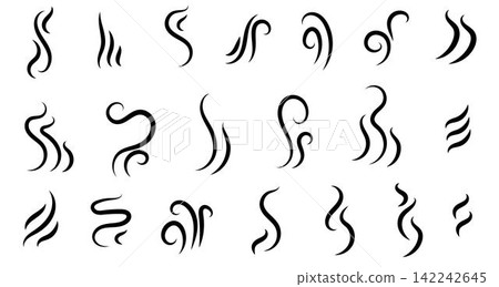 Smoke steam icon vector logo set. Smoke smell, steam aroma heat icon illustration. Hot vapor fire doodle line logo. Hit stink, coffee, fragrance flame elements. Vector illustration. Smoke steam icon vector logo set. Smoke smell, steam aroma heat icon illustration. Hot vapor fire doodle line logo. Hit stink, coffee, fragrance flame elements. Vector illustration. 142242645