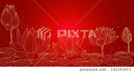 Golden line plant lotus background in red, asian backround, blooming flower, buds and leaves luxury minimal design, vector flat Golden line plant lotus background in red, asian backround, blooming flower, buds and leaves luxury minimal design, vector flat 142242653