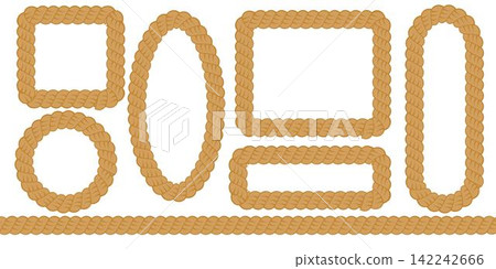 Set rope elements of different forms, circle, capsule, oval flat vector, rope brush element. Different vintage rope stroke element with loops Set rope elements of different forms, circle, capsule, oval flat vector, rope brush element. Different vintage rope stroke element with loops 142242666