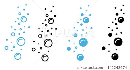 Water fizzy drink, water bubble white, black and blue pictogram. Effervescent Champagne, sphere foam, aquarium. Drops line icons. Soap symbol. Isolated Vector Illustration. Water fizzy drink, water bubble white, black and blue pictogram. Effervescent Champagne, sphere foam, aquarium. Drops line icons. Soap symbol. Isolated Vector Illustration. 142242674
