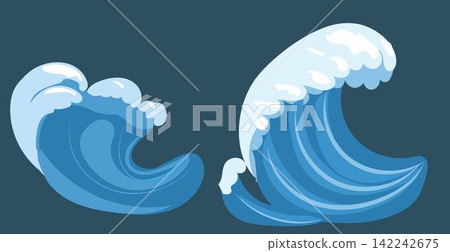 Vector sea, ocean waves set. Illustration of blue ocean waves with white foam. Isolated water splash set in cartoon style. Element for design. Vector sea, ocean waves set. Illustration of blue ocean waves with white foam. Isolated water splash set in cartoon style. Element for design. 142242675