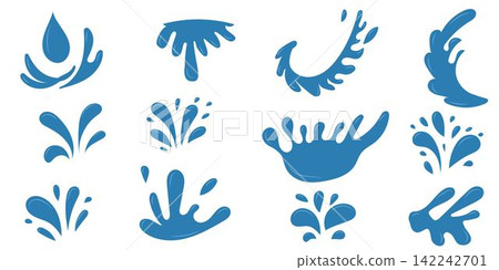 Water blue drops, sea ocean waves stencil. Liquid elements, cry droplet icons vector set. Ink, sauce, river isolated splashes Water blue drops, sea ocean waves stencil. Liquid elements, cry droplet icons vector set. Ink, sauce, river isolated splashes 142242701