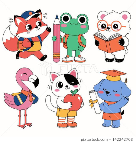 This image features six cartoon animals getting ready for school, including a fox running with a backpack, a bear reading a book, and a dog holding a diploma This image features six cartoon animals getting ready for school, including a fox running with a backpack, a bear reading a book, and a dog holding a diploma 142242708