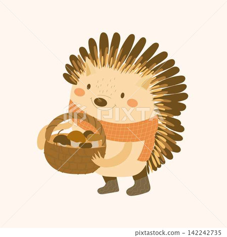 Autumn scene with hedgehog with basket with mushrooms, flat vector cartoon Autumn scene with hedgehog with basket with mushrooms, flat vector cartoon 142242735