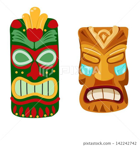 flat vector illustration of polynesian hawaiian elements, tiki mask, white background flat vector illustration of polynesian hawaiian elements, tiki mask, white background 142242742