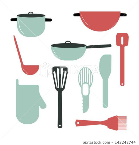 Set of kitchen appliaances, pot, chopper, pan. Flat vector isolated Set of kitchen appliaances, pot, chopper, pan. Flat vector isolated 142242744