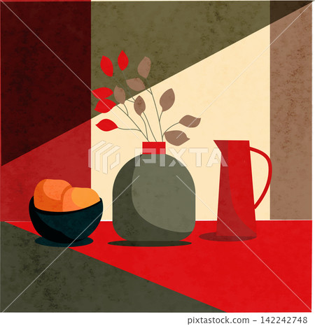 Modern still life boho flat vector bright red and green, illustration.Vase flora interior. Modern poster, banner, cover, social media content Modern still life boho flat vector bright red and green, illustration.Vase flora interior. Modern poster, banner, cover, social media content 142242748