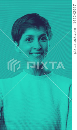 Front view of extremely happy and laughing young girl. Cute stylish model with shot haircut . Female portrait. woman as teenager concept. Facial expression 142242967