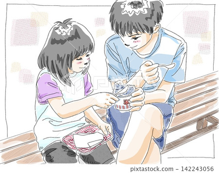 兄妹倆開心地分享刨冰(彩色) 兄妹倆開心地分享刨冰(彩色) 142243056