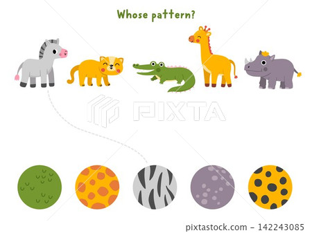 Safari matching activity with cute animals and their skin patterns. Woodland puzzle with zebra, leopard, crocodile, giraffe, rhinoceros. Match object game with fur ornament. Wildlife printable Safari matching activity with cute animals and their skin patterns. Woodland puzzle with zebra, leopard, crocodile, giraffe, rhinoceros. Match object game with fur ornament. Wildlife printable 142243085