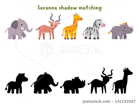 Savanna shadow matching activity with wild animals. Safari puzzle with elephant, antelope, giraffe. African savannah find correct silhouette printable worksheet, game with zebra, rhinoceros 142243087
