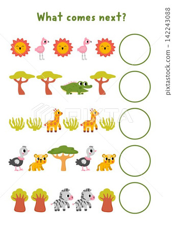 What comes next. Safari logical activity for preschool children with cute animals, plants. African savanna logic succession worksheet. Savannah continue the row game with giraffe, crocodile, sun, What comes next. Safari logical activity for preschool children with cute animals, plants. African savanna logic succession worksheet. Savannah continue the row game with giraffe, crocodile, sun, 142243088