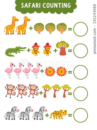 Counting game with cute savanna animals, birds, trees. Safari math addition activity for preschool kids. Simple sums African savannah printable worksheet with giraffe, monkey, zebra, leopard, baobab Counting game with cute savanna animals, birds, trees. Safari math addition activity for preschool kids. Simple sums African savannah printable worksheet with giraffe, monkey, zebra, leopard, baobab 142243089