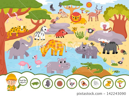 Vector searching game with African savanna landscape. Spot hidden objects. Safari seek and find printable activity for kids. Wild savannah nature worksheet with animals, birds, giraffe, zebra Vector searching game with African savanna landscape. Spot hidden objects. Safari seek and find printable activity for kids. Wild savannah nature worksheet with animals, birds, giraffe, zebra 142243090