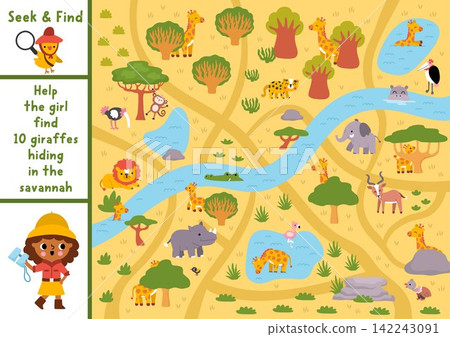 Vector searching game with African savanna landscape map. Help girl find giraffes hidden in savannah. Safari seek and find printable activity for kids. Wild nature worksheet with animals, birds Vector searching game with African savanna landscape map. Help girl find giraffes hidden in savannah. Safari seek and find printable activity for kids. Wild nature worksheet with animals, birds 142243091