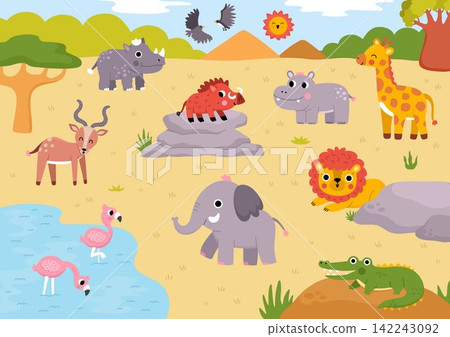 Horizontal cartoon African animals landscape. Nature savanna background with trees, plants, cliffs, lake. Safari wildlife horizontal scene with elephant, hippo, giraffe, lion, flamingos, antelope, Horizontal cartoon African animals landscape. Nature savanna background with trees, plants, cliffs, lake. Safari wildlife horizontal scene with elephant, hippo, giraffe, lion, flamingos, antelope, 142243092