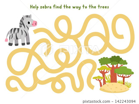 Safari maze for children with zebra going to acacia and baobab tree forest. Savanna labyrinth game for kids. Savannah printable activity, worksheet with cute African animal. Funny nature page Safari maze for children with zebra going to acacia and baobab tree forest. Savanna labyrinth game for kids. Savannah printable activity, worksheet with cute African animal. Funny nature page 142243094