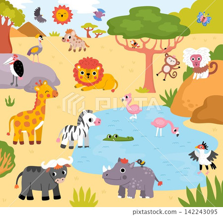 Square cartoon African animals landscape. Nature savanna background with trees, plants, cliffs, lake. Safari wildlife scene with elephant, hippo, giraffe, lion, flamingos, crocodile, hyena, monkey Square cartoon African animals landscape. Nature savanna background with trees, plants, cliffs, lake. Safari wildlife scene with elephant, hippo, giraffe, lion, flamingos, crocodile, hyena, monkey 142243095