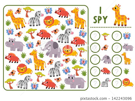 Safari I spy game for kids. Searching and counting activity with savanna animals, birds. Wildlife printable worksheet for children. Simple African savannah spotting puzzle with elephant, giraffe, Safari I spy game for kids. Searching and counting activity with savanna animals, birds. Wildlife printable worksheet for children. Simple African savannah spotting puzzle with elephant, giraffe, 142243096