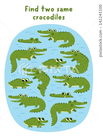 Find two same crocodiles in lake. Safari animals matching activity for children. African savanna educational quiz worksheet for kids. Savannah printable game with cute alligators in water 142243100