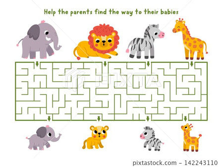 Safari maze for children with animals parents going to their babies. African savanna labyrinth game. Savannah printable activity, worksheet with cute elephant, lion, giraffe, zebra and children Safari maze for children with animals parents going to their babies. African savanna labyrinth game. Savannah printable activity, worksheet with cute elephant, lion, giraffe, zebra and children 142243110