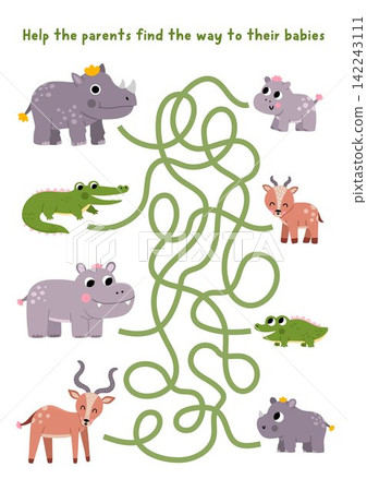 Safari maze for children with animals parents going to their babies. African savanna labyrinth game. Savannah printable activity, worksheet with cute hippo, rhino, crocodile, antelope, children Safari maze for children with animals parents going to their babies. African savanna labyrinth game. Savannah printable activity, worksheet with cute hippo, rhino, crocodile, antelope, children 142243111
