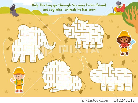 Savannah maze with geometrical elephant, lion, rhino, hippo. Safari labyrinth game with boy and girl explorers. African savanna animals printable activity or worksheet with nature scene 142243113