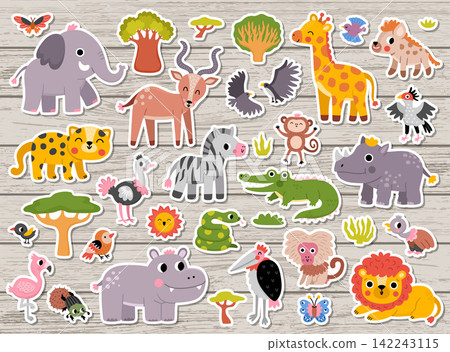 Safari animals stickers set for kids. Vector patches collection with African birds, insects, trees, plants. Cartoon savanna pack. Cute lion, elephant, zebra, giraffe clipart. Savannah wildlife Safari animals stickers set for kids. Vector patches collection with African birds, insects, trees, plants. Cartoon savanna pack. Cute lion, elephant, zebra, giraffe clipart. Savannah wildlife 142243115
