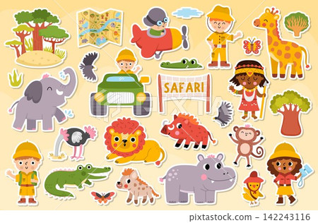 Safari animals stickers set for kids. Vector African birds, trees collection. Cartoon savanna patches pack with ranger, plane. Cute lion, elephant, zebra, giraffe clipart. Savannah wildlife Safari animals stickers set for kids. Vector African birds, trees collection. Cartoon savanna patches pack with ranger, plane. Cute lion, elephant, zebra, giraffe clipart. Savannah wildlife 142243116