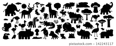 Big safari animals silhouettes set. Vector African birds, insects, trees, plants black shadows. Cartoon savanna collection with hippo, lion, elephant, zebra, giraffe. Savannah wildlife illustration Big safari animals silhouettes set. Vector African birds, insects, trees, plants black shadows. Cartoon savanna collection with hippo, lion, elephant, zebra, giraffe. Savannah wildlife illustration 142243117