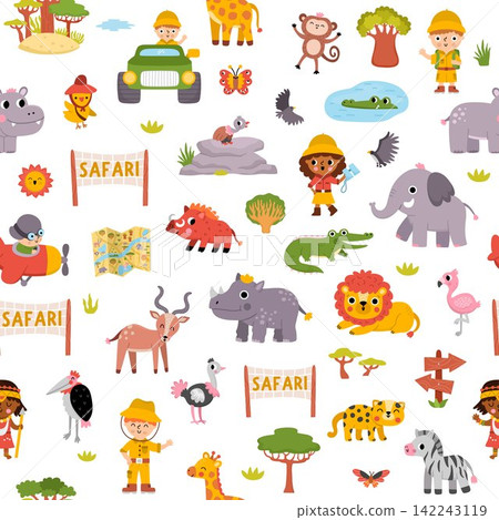 Safari animals seamless pattern for kids. Vector African repeat background with bird, tree. Cartoon savanna digital paper with ranger, plane, lion, elephant, zebra, giraffe. Savannah wildlife texture Safari animals seamless pattern for kids. Vector African repeat background with bird, tree. Cartoon savanna digital paper with ranger, plane, lion, elephant, zebra, giraffe. Savannah wildlife texture 142243119