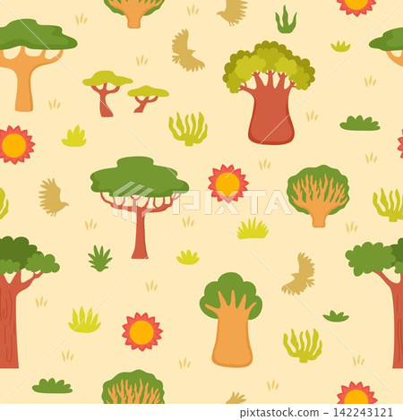 Vector savanna trees and plants seamless pattern. Cartoon savannah flora repeat background. Natural safari or African parkland digital paper with baobab, umbrella acacia, rocks, eagle silhouette Vector savanna trees and plants seamless pattern. Cartoon savannah flora repeat background. Natural safari or African parkland digital paper with baobab, umbrella acacia, rocks, eagle silhouette 142243121
