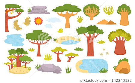 Vector savanna trees and plants set. Cartoon savannah flora collection. Natural safari or African parkland scene constructor with baobab, umbrella acacia, rocks, dry land, eagle silhouette 142243122