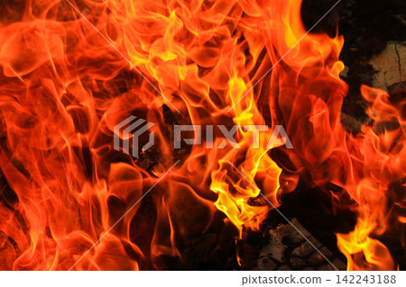 Vibrant Red and Orange Fire Flames Blaze Isolated on Black Background 142243188