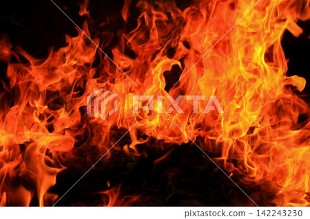 Vibrant Red and Orange Fire Flames Blaze Isolated on Black Background 142243230