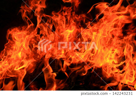 Vibrant Red and Orange Fire Flames Blaze Isolated on Black Background Vibrant Red and Orange Fire Flames Blaze Isolated on Black Background 142243231