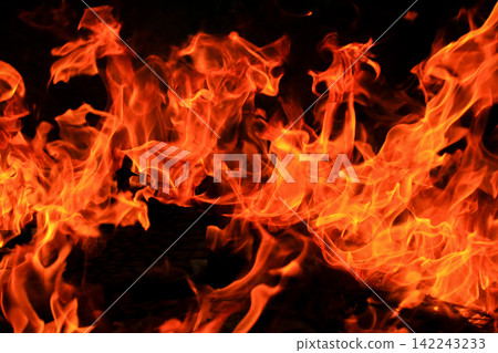 Vibrant Red and Orange Fire Flames Blaze Isolated on Black Background 142243233