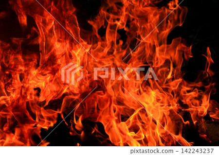 Vibrant Red and Orange Fire Flames Blaze Isolated on Black Background 142243237