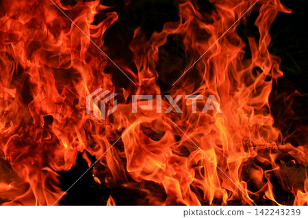 Vibrant Red and Orange Fire Flames Blaze Isolated on Black Background 142243239