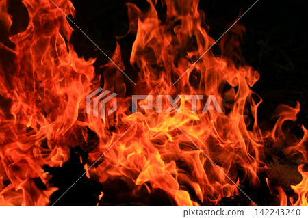 Vibrant Red and Orange Fire Flames Blaze Isolated on Black Background 142243240