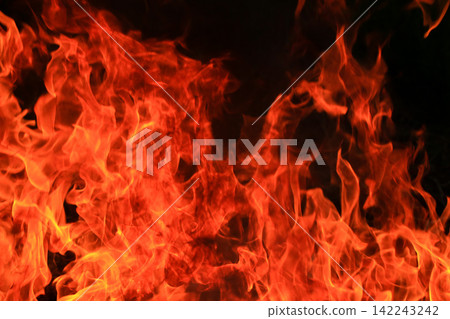 Vibrant Red and Orange Fire Flames Blaze Isolated on Black Background 142243242