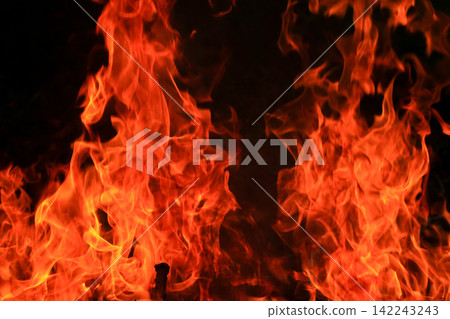 Vibrant Red and Orange Fire Flames Blaze Isolated on Black Background 142243243