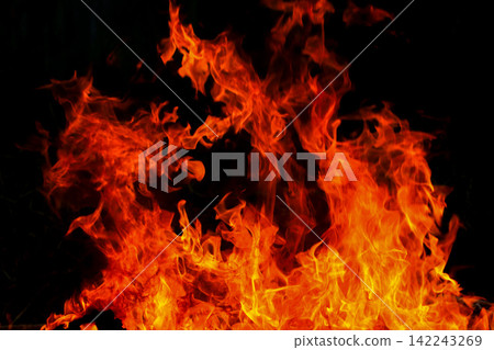 Vibrant Red and Orange Fire Flames Blaze Isolated on Black Background 142243269